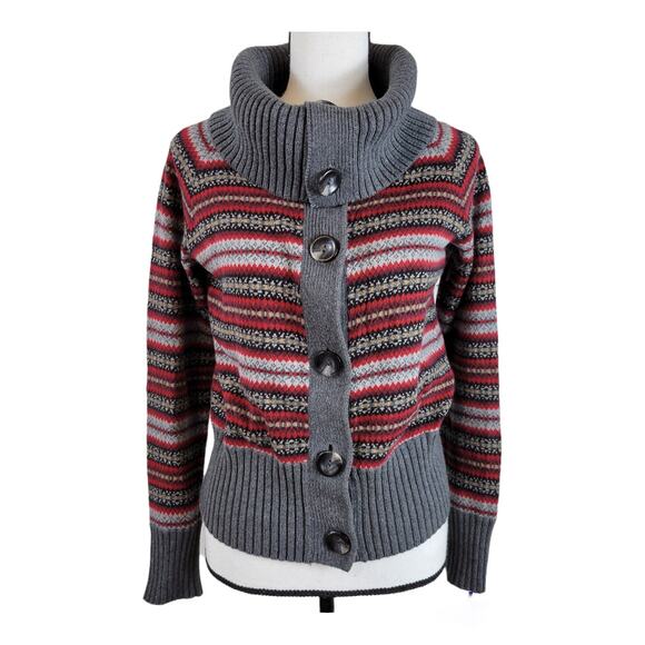 Eddie Bauer Cardigan Women's SP Gray Red Black Fair Isle Nordic Wool Casual - Picture 1 of 11